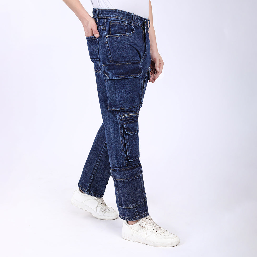 DARK BLUE BAGGY CARGO FIT JEANS 4922-1